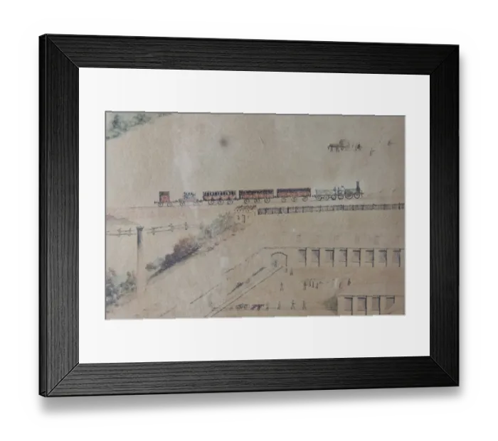 Framed Print : Detail of broad gauge locomotive and carriages at Swindon, 1849 Framed Print : Detail of broad gauge locomotive and carriages at Swindon, 1849
