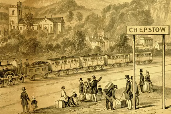 Close up view of broad gauge train at Chepstow Station, c. 1850