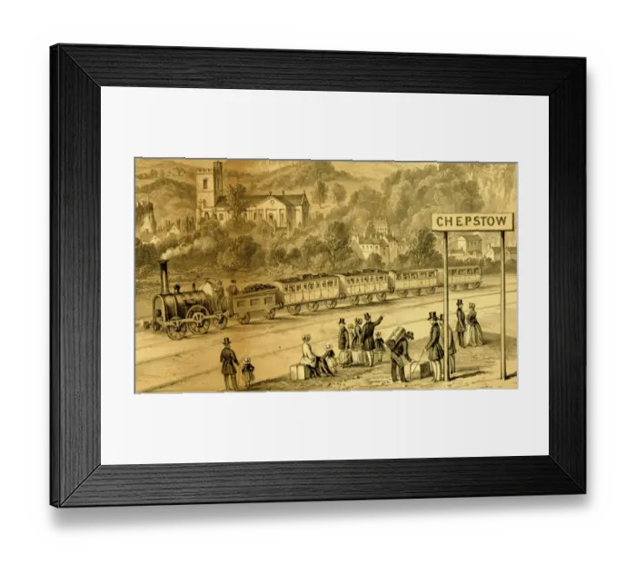 Framed Print : Close up view of broad gauge train at Chepstow Station, c. 1850 Framed Print : Close up view of broad gauge train at Chepstow Station, c. 1850