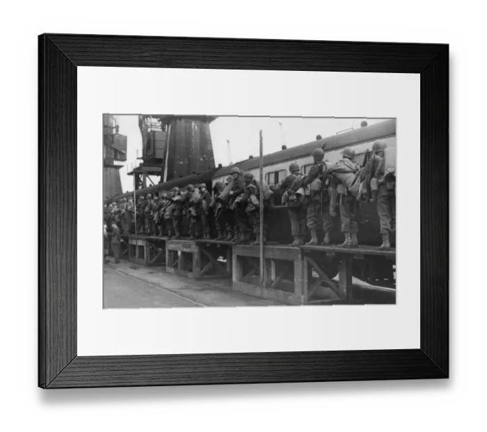 Framed Print : American troops boarding a train at Swansea Docks, October 1943