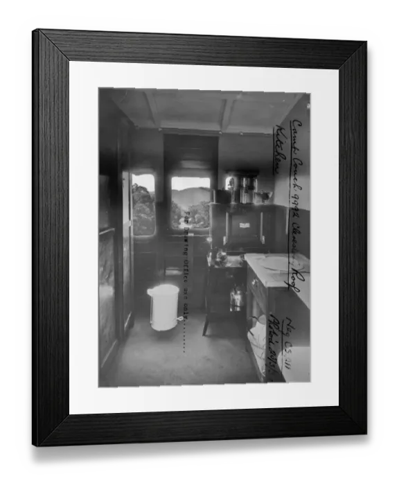 Framed Print : Interior of Camp Coach No. 9992 showing kitchen, 1934 Framed Print : Interior of Camp Coach No. 9992 showing kitchen, 1934