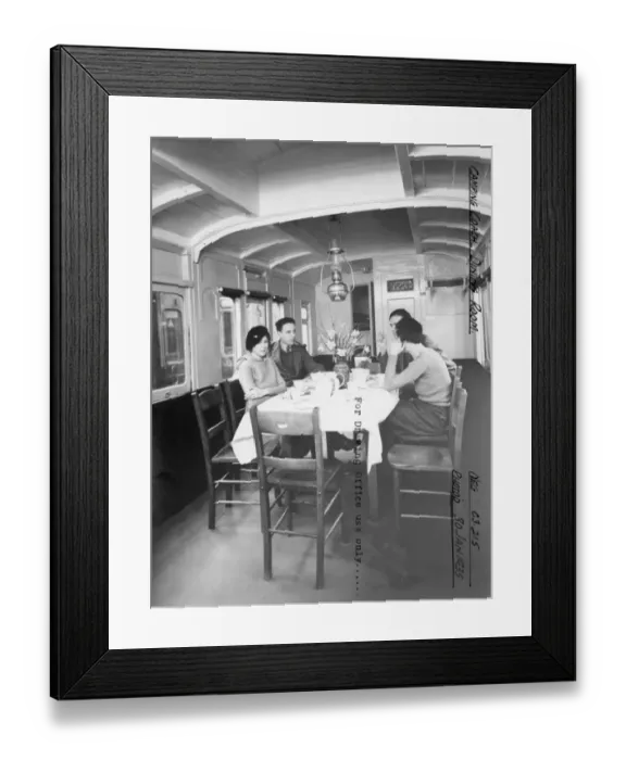Framed Print : Interior of Camp Coach showing dining room, 1935 Framed Print : Interior of Camp Coach showing dining room, 1935