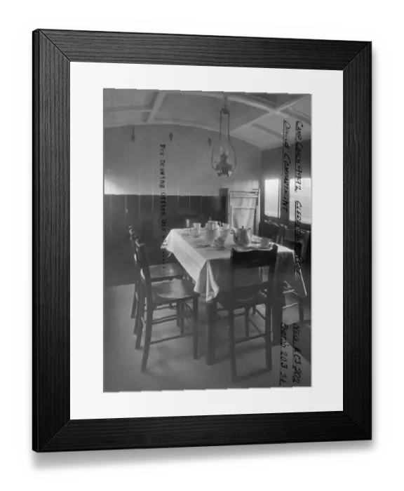 Framed Print : Interior view of Camp Coach No. 9992 showing dining room, 1934