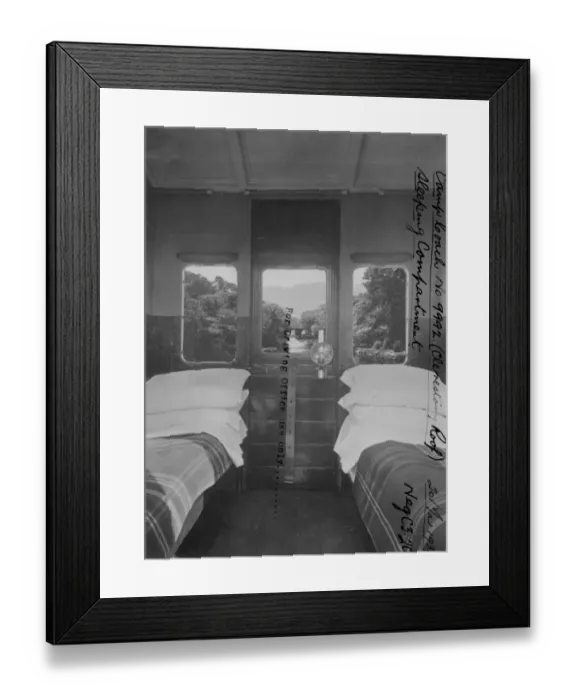 Framed Print : Interior view of Camp Coach No. 9992 showing sleeping compartment, 1934