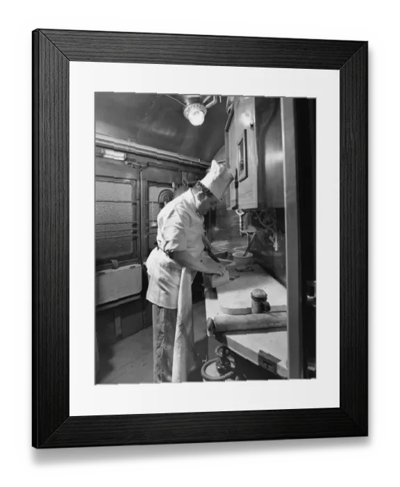 Framed Print : Chef preparing food in the Restaurant Car kitchen, 1946 Framed Print : Chef preparing food in the Restaurant Car kitchen, 1946