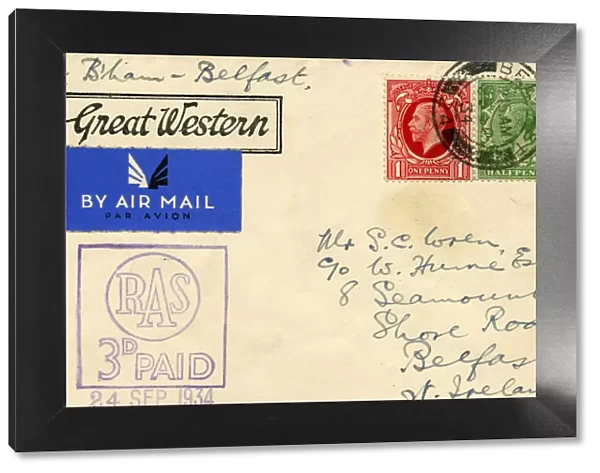 An air mail envelope stamped with the slogan Go Great Western, 1934