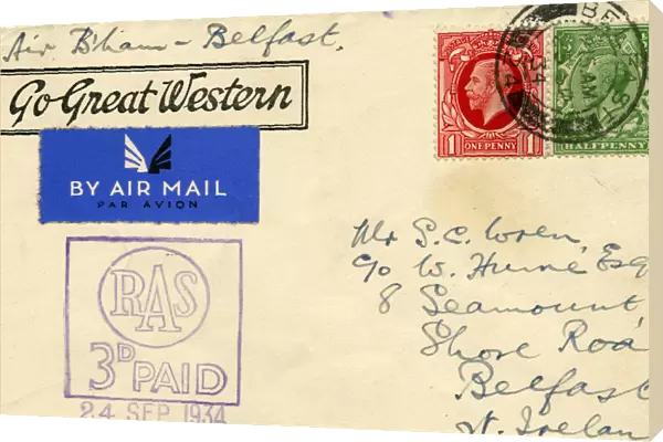 An air mail envelope stamped with the slogan Go Great Western, 1934