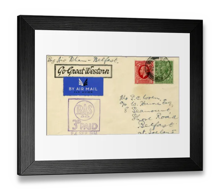 Framed Print : An air mail envelope stamped with the slogan Go Great Western, 1934 Framed Print : An air mail envelope stamped with the slogan Go Great Western, 1934