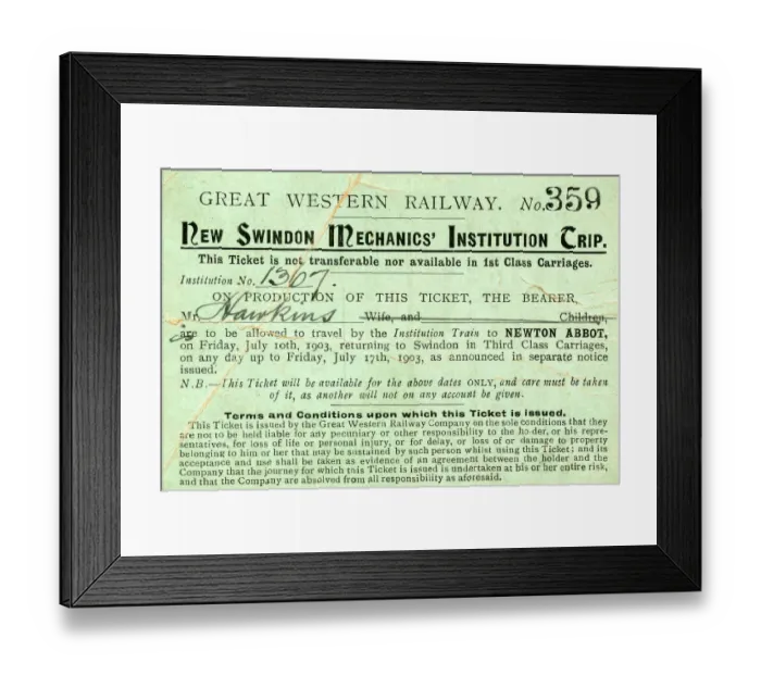 Framed Print : New Swindon Mechanics Institution Trip ticket issued to Mr Hawkins for a train Framed Print : New Swindon Mechanics Institution Trip ticket issued to Mr Hawkins for a train