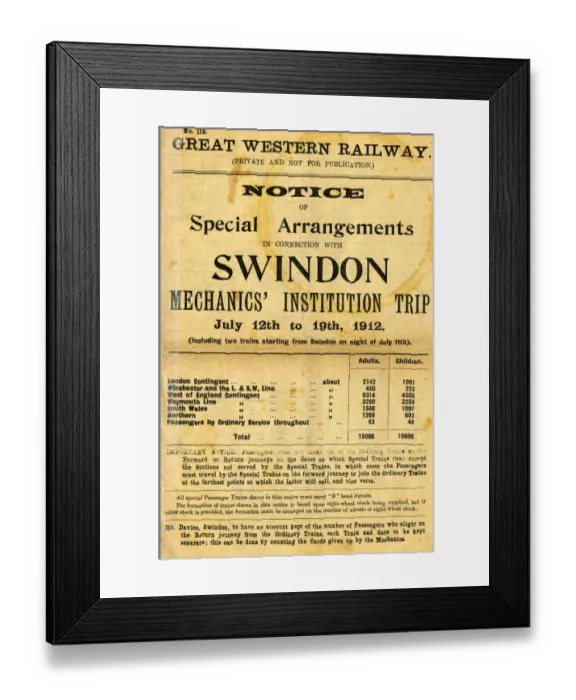 Framed Print : GWR Trip Notice, July 1912 Framed Print : GWR Trip Notice, July 1912