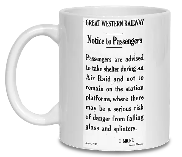Air Raid notice, issued to passengers in 1940