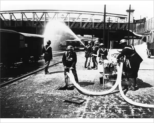 GWR fire brigade at Paddington Station taking part in a drill, c. 1940