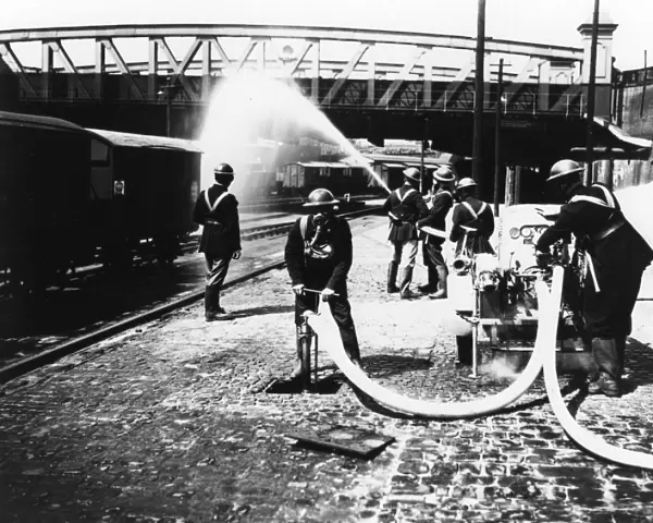 GWR fire brigade at Paddington Station taking part in a drill, c. 1940