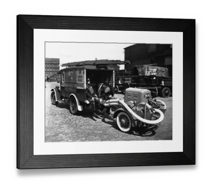 Framed Print : A petrol trailer fire pump hauled by an ex-GWR Express Cartage van, 1940 Framed Print : A petrol trailer fire pump hauled by an ex-GWR Express Cartage van, 1940