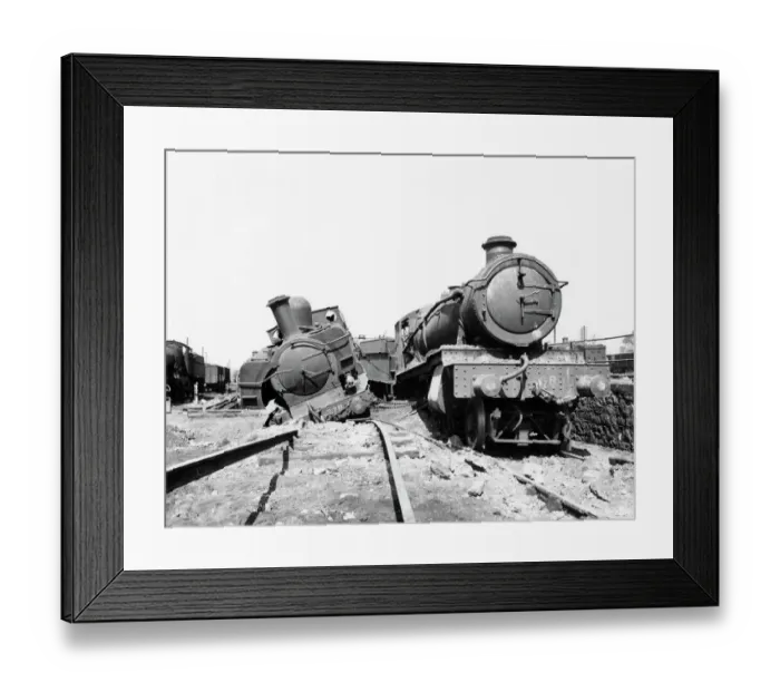 Framed Print : Bomb damage to locomotives at Newton Abbot Station, 1940 Framed Print : Bomb damage to locomotives at Newton Abbot Station, 1940