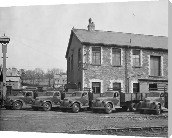 Chevrolet Thornton military trucks lined up at Caerphilly Works, 1941