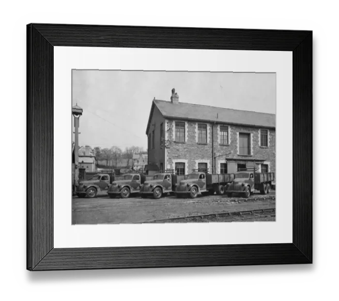 Framed Print : Chevrolet Thornton military trucks lined up at Caerphilly Works, 1941 Framed Print : Chevrolet Thornton military trucks lined up at Caerphilly Works, 1941