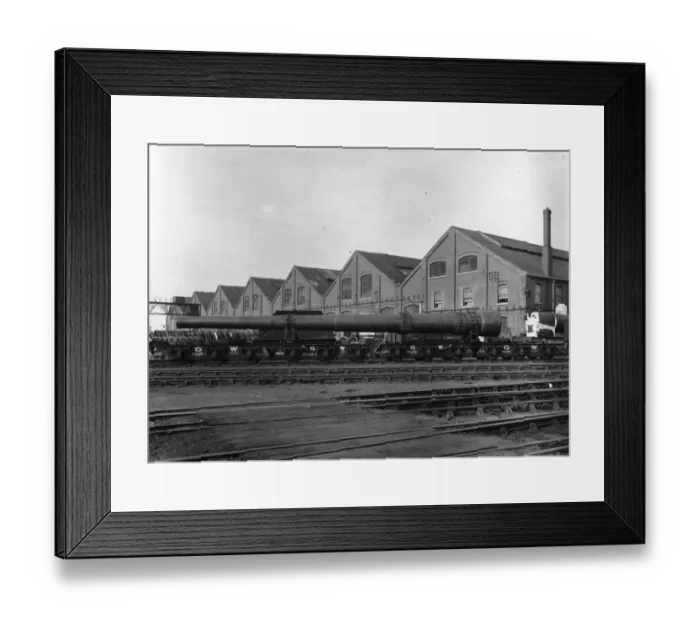 Framed Print : 16 inch naval gun loaded on a set of four POLLEN E wagons, 1944 Framed Print : 16 inch naval gun loaded on a set of four POLLEN E wagons, 1944