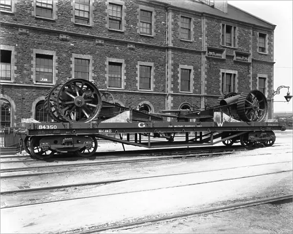 Macaw B railway wagon No. 84350 loaded with gun carriages at Swindon Works, c. 1915