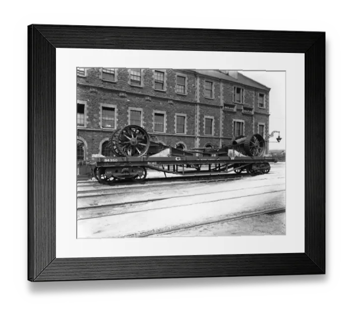 Framed Print : Macaw B railway wagon No. 84350 loaded with gun carriages at Swindon Works, c. 1915 Framed Print : Macaw B railway wagon No. 84350 loaded with gun carriages at Swindon Works, c. 1915