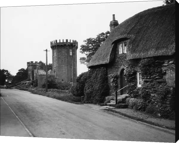 Radway Tower and thatched cottage, Edgehill, June 1930
