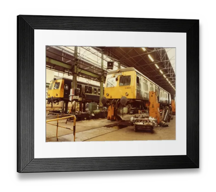 Framed Print : A Class 120 diesel multiple unit undergoing repair in 19 Shop at Swindon Works in about 1980 Framed Print : A Class 120 diesel multiple unit undergoing repair in 19 Shop at Swindon Works in about 1980