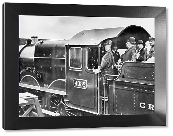 King George V and Queen Mary on the footplate of Windsor Castle during their visit to Swindon Works