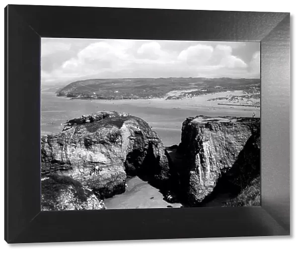 Perranporth Rocks and Beach, Cornwall, 1928