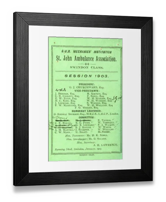 Framed Print : St John Ambulance Swindon Class Session Card, 1903 Framed Print : St John Ambulance Swindon Class Session Card, 1903