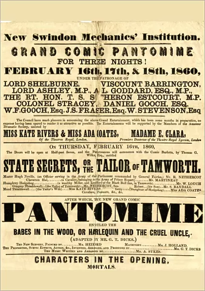 Swindon Mechanics Institute Pantomime poster, February 1860