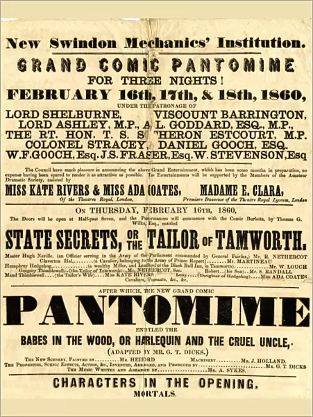 Swindon Mechanics Institute Pantomime poster, February 1860