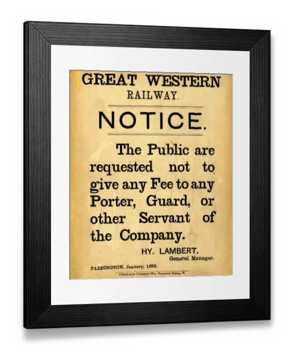 Framed Print : GWR Notice, 1888