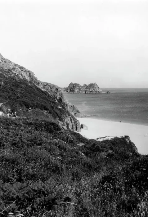 Framed Print : The Beach and Cliffs at Porthcurno, Cornwall, 1928