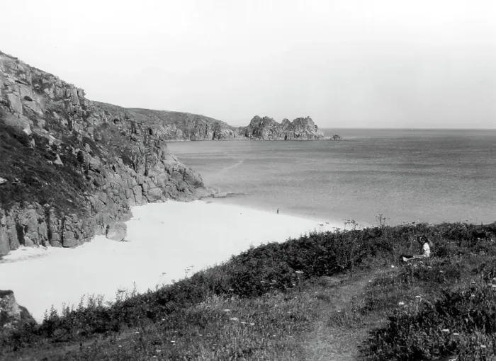 Framed Print : The Beach and Cliffs at Porthcurno, Cornwall, 1928 Framed Print : The Beach and Cliffs at Porthcurno, Cornwall, 1928