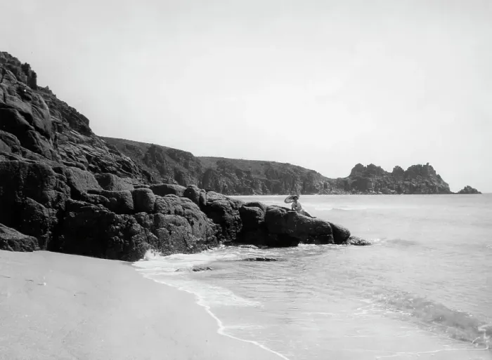 Framed Print : The Beach and Cliffs at Porthcurno, Cornwall, 1928 Framed Print : The Beach and Cliffs at Porthcurno, Cornwall, 1928