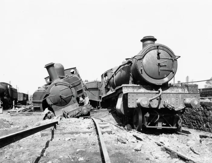 Framed Print : Bomb damage to locomotives at Newton Abbot Station, 1940 Framed Print : Bomb damage to locomotives at Newton Abbot Station, 1940