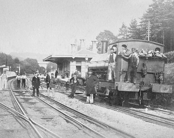 Box Station, 1885. A view of station showing a standard gauge locomotive