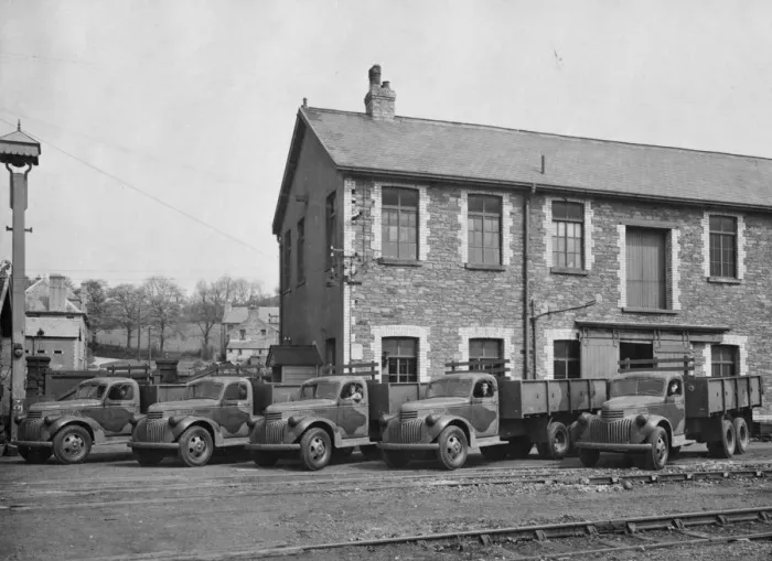 Framed Print : Chevrolet Thornton military trucks lined up at Caerphilly Works, 1941 Framed Print : Chevrolet Thornton military trucks lined up at Caerphilly Works, 1941