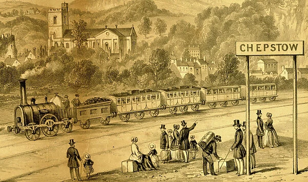 Close up view of broad gauge train at Chepstow Station, c.1850