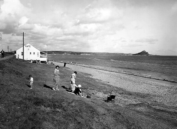 Eastern Green Beach and St Michaels Mount from Penzance, c.1934