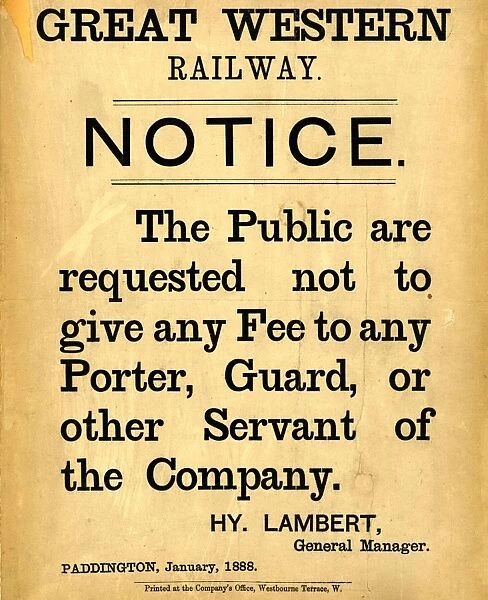 GWR Notice, 1888. A GWR public notice issued by General Manager Henry Lambert