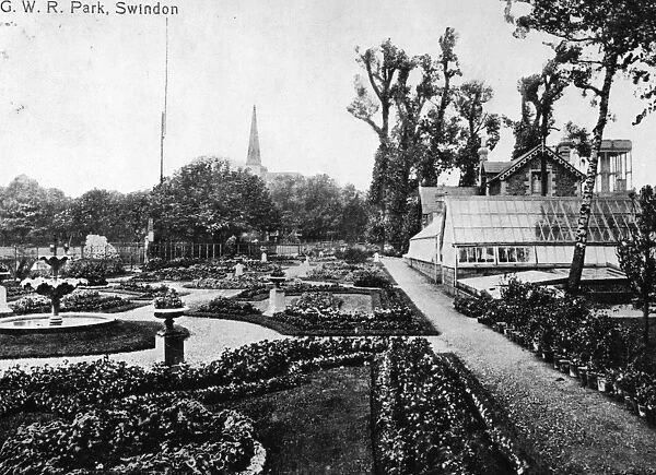 GWR Park, c1890s. This images shows the formal gardens, park-keepers lodge and greenhouses