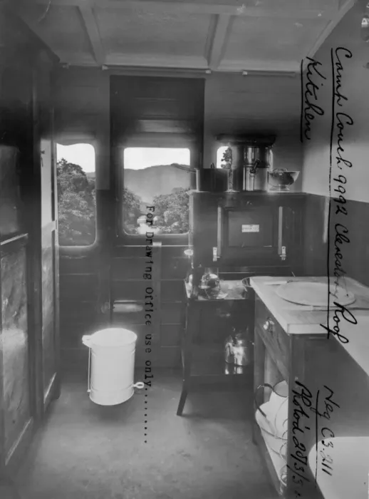 Framed Print : Interior of Camp Coach No. 9992 showing kitchen, 1934 Framed Print : Interior of Camp Coach No. 9992 showing kitchen, 1934