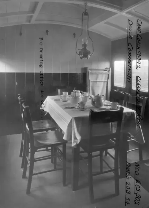 Framed Print : Interior view of Camp Coach No. 9992 showing dining room, 1934