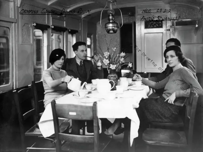 Framed Print : Interior view of Camp Coach showing a close up view of dining room, 1935 Framed Print : Interior view of Camp Coach showing a close up view of dining room, 1935