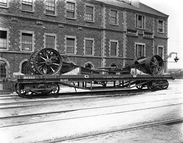 Macaw B railway wagon No. 84350 loaded with gun carriages at Swindon Works, c.1915