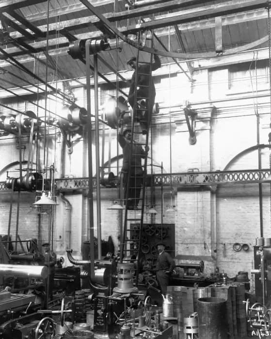 Framed Print : Two men up a ladder in G Shop, 1913 Framed Print : Two men up a ladder in G Shop, 1913