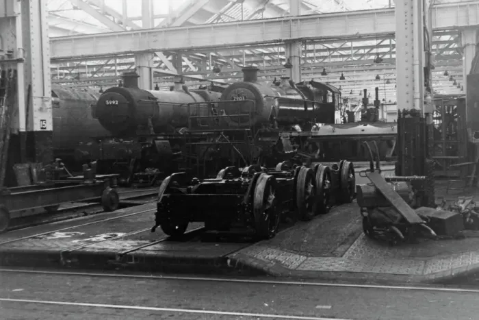 Framed Print : Modified Hall class, 4-6-0, No. 7903 Foremarke Hall (with No. 5992 Horton Hall) at Swindon Works, July 1962