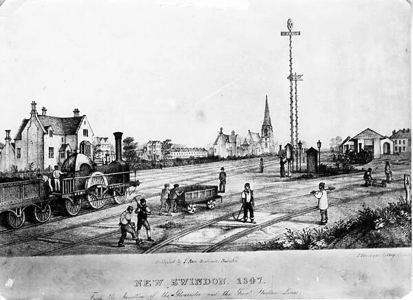 New Swindon, 1847. Lithograph of New Swindon in 1847 with broad gauge locomotive