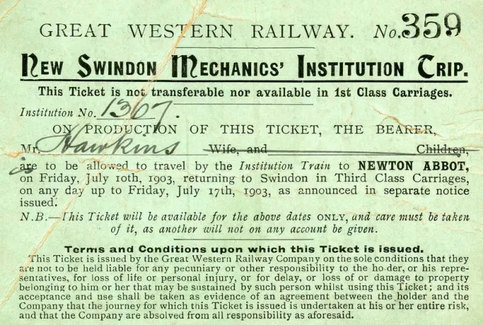 Framed Print : New Swindon Mechanics Institution Trip ticket issued to Mr Hawkins for a train Framed Print : New Swindon Mechanics Institution Trip ticket issued to Mr Hawkins for a train